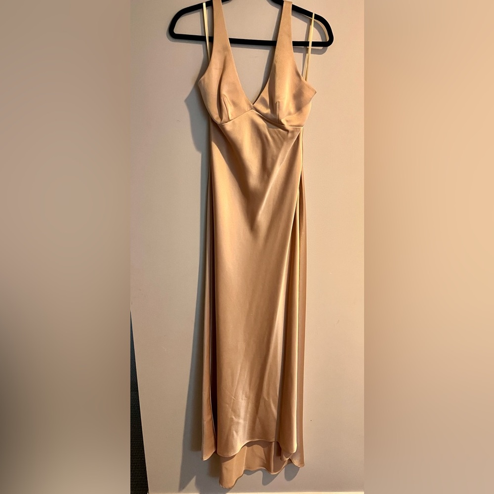 BCBG MaxAzria Shiny Gold Halter Formal Gown